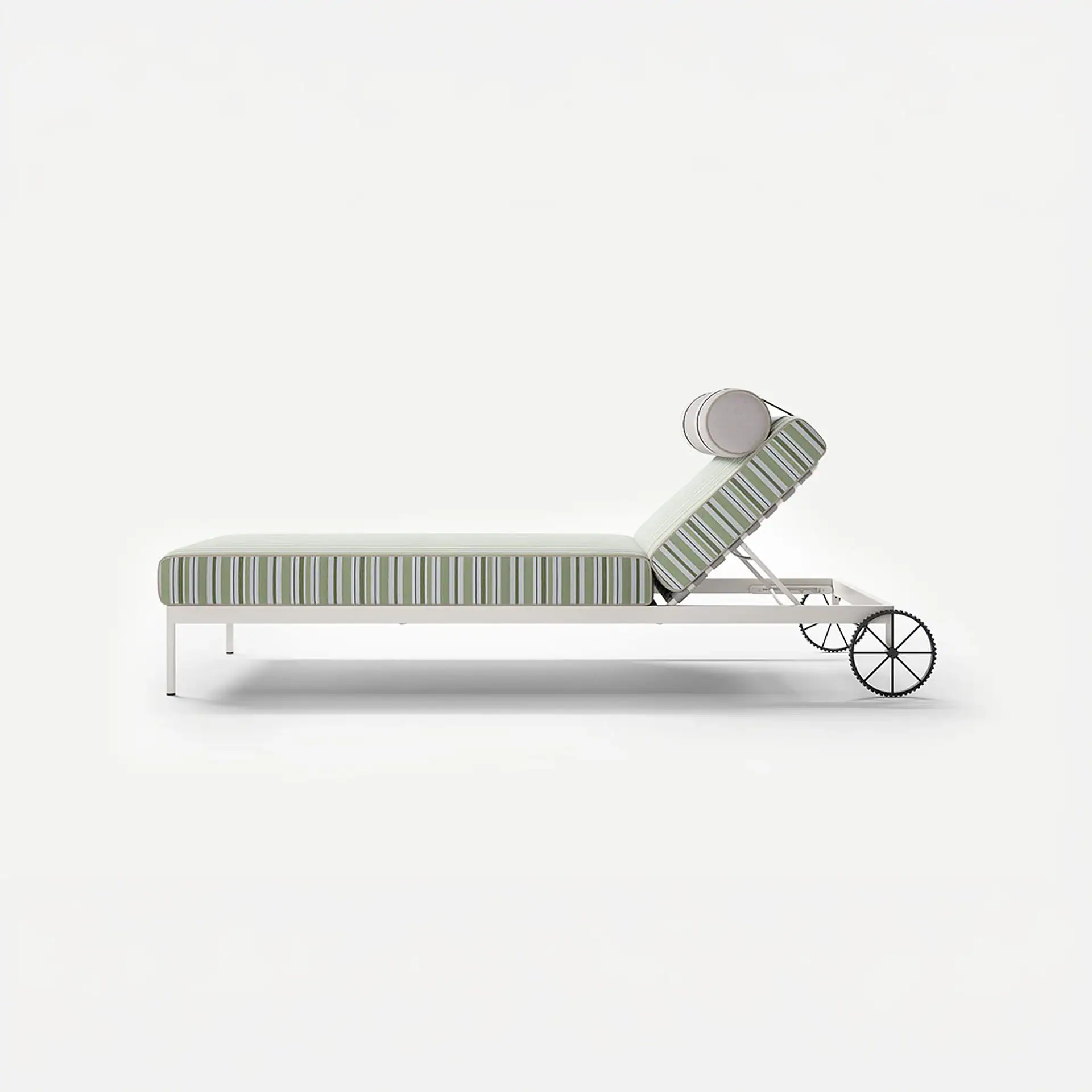 Side view of a modern outdoor lounge chair with a white frame, green and white striped cushions, an adjustable backrest, and black spoked wheels.