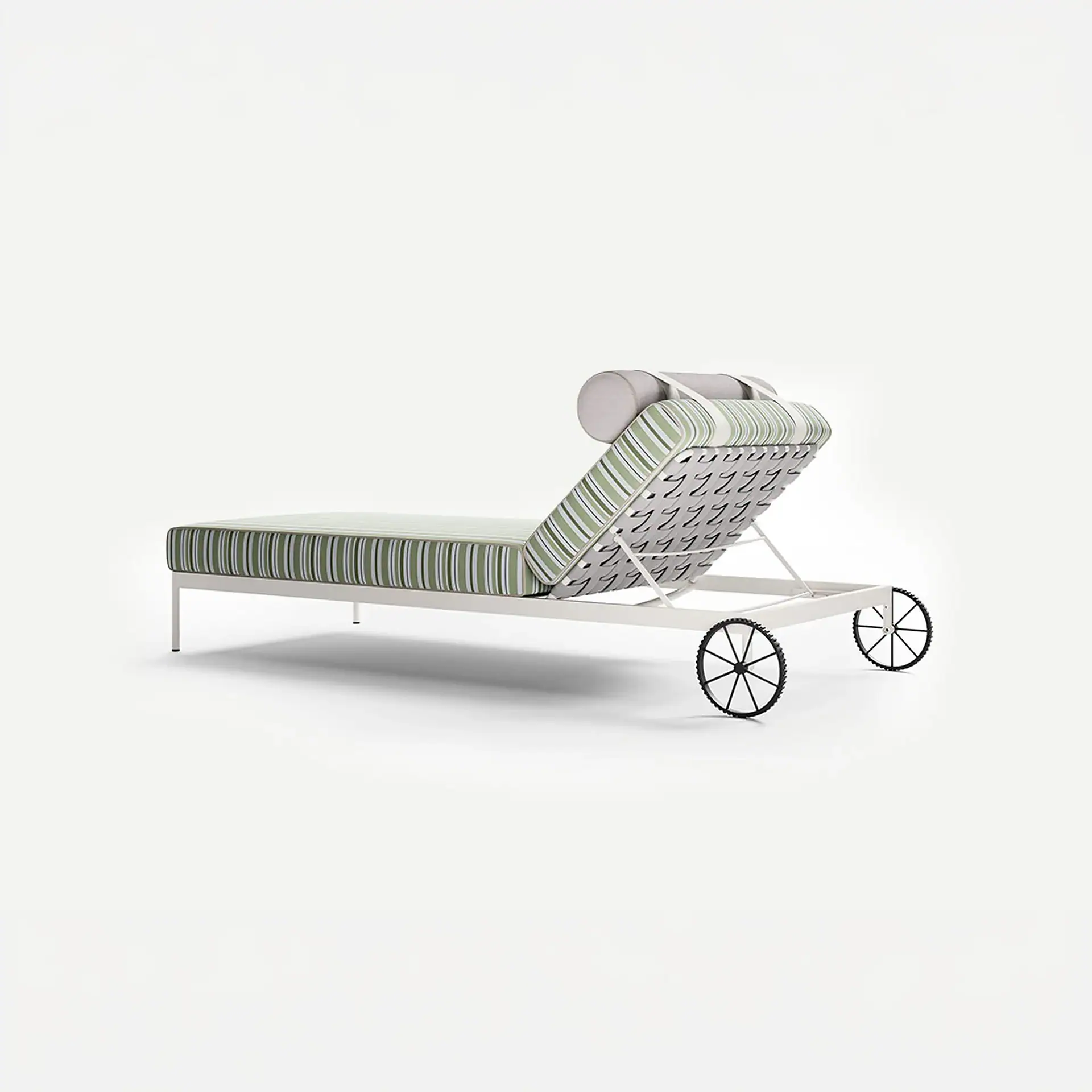 A white metal chaise lounge with green, white, and grey striped cushions and black spoked wheels on a white background.