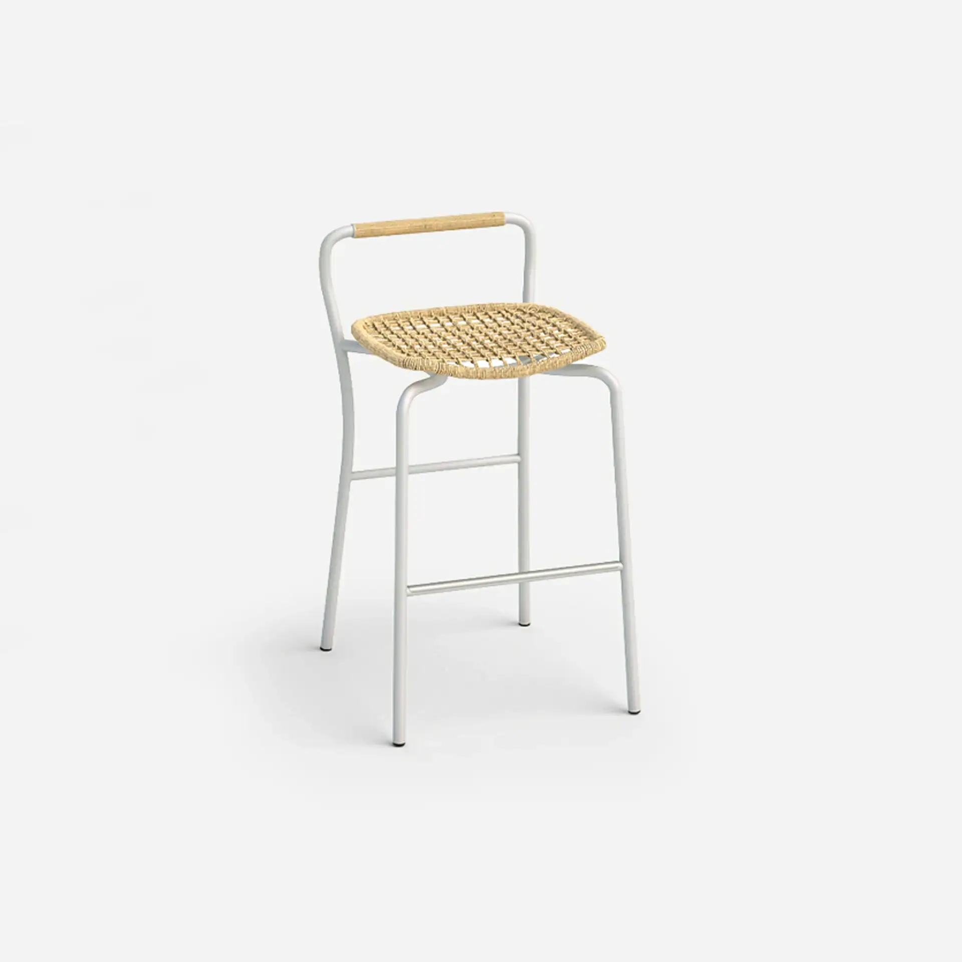 A modern bar stool with a light gray metal frame, a woven natural fiber seat, and a wooden top bar on the backrest, set against a white background.