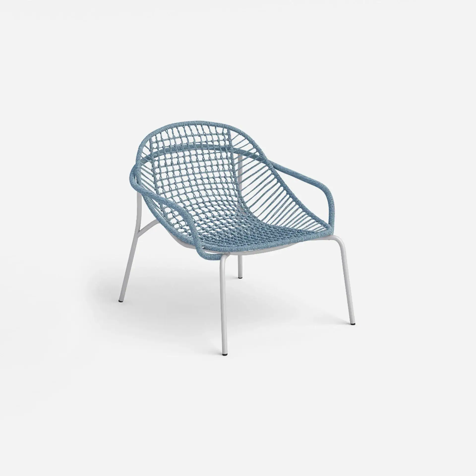 A modern armchair with a light blue woven seat and backrest on a light grey metal frame, set against a white background.