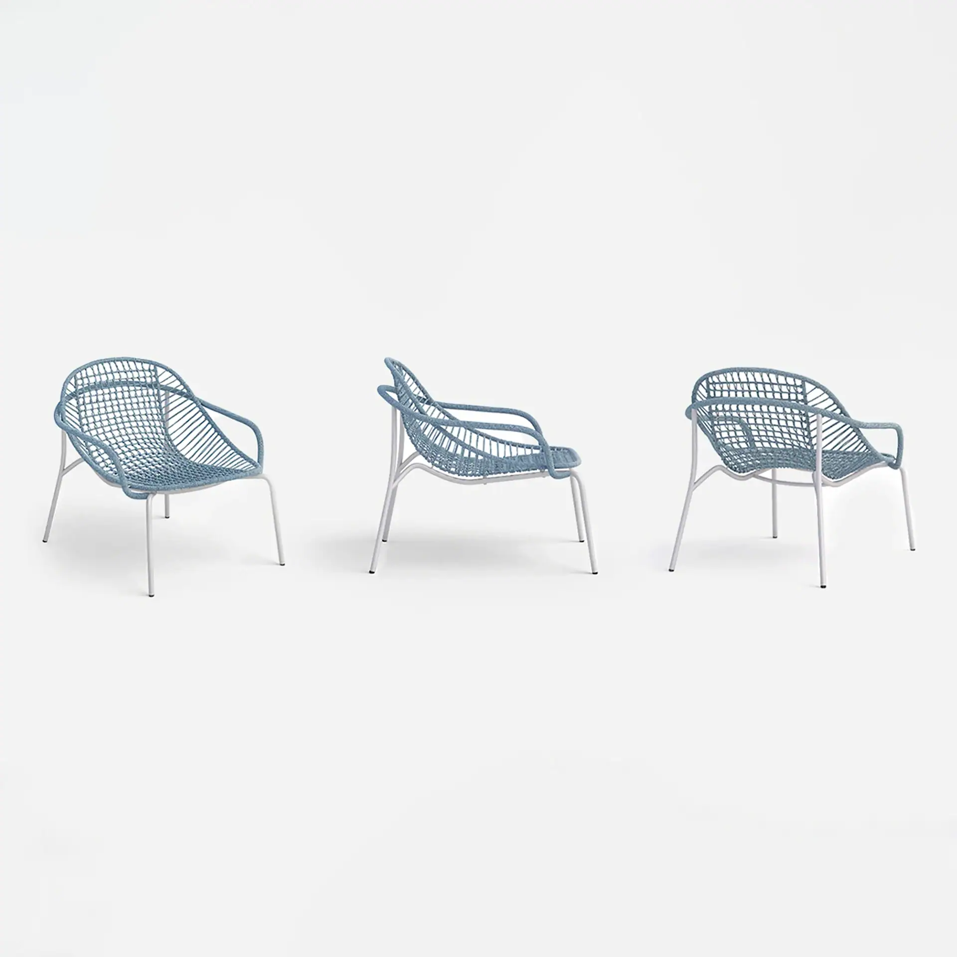 Three light blue woven armchairs with silver metal frames displayed against a white background from different angles.