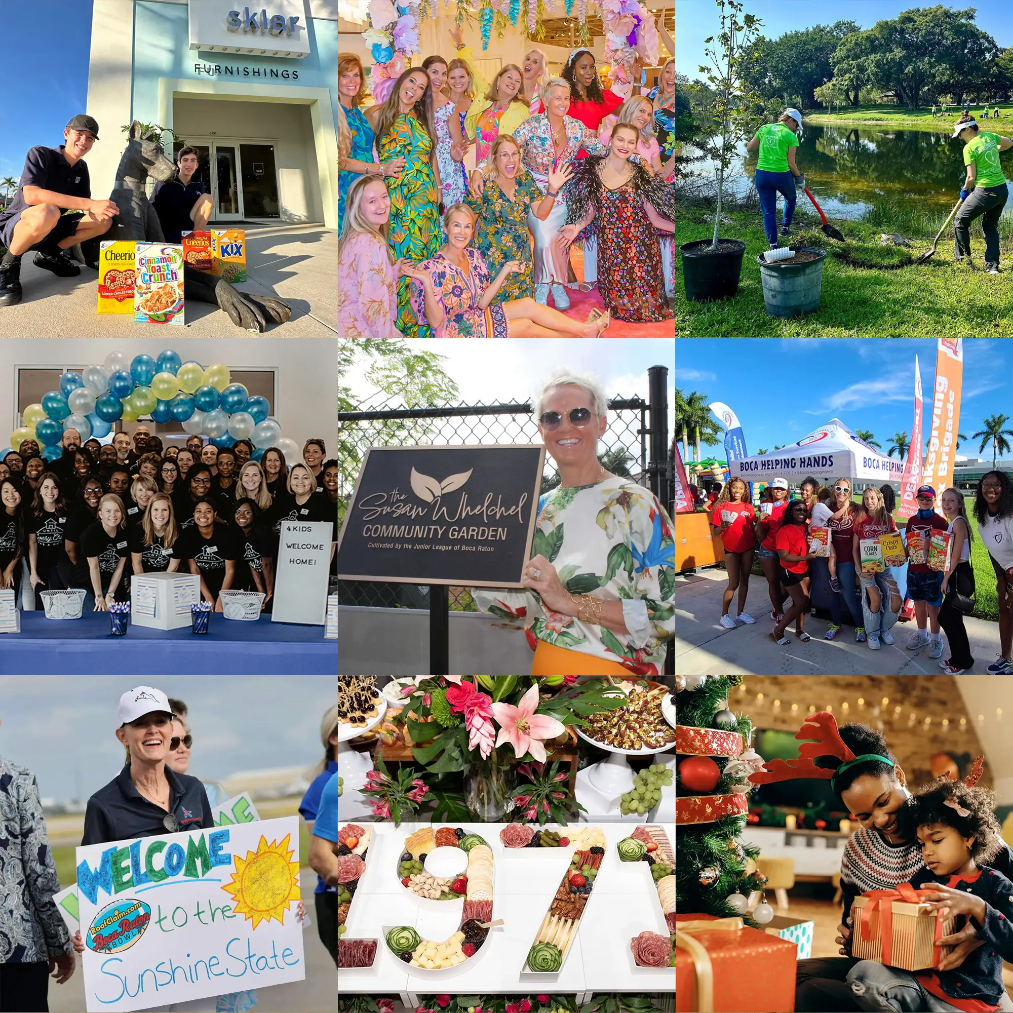 A nine-panel collage showing diverse community events: men with cereal boxes, women in colorful dresses, tree planting, a group under balloons, a garden plaque, people at a food drive, a 'Welcome to Sunshine State' sign, a '974' charcuterie board, and a woman with a child opening a gift.