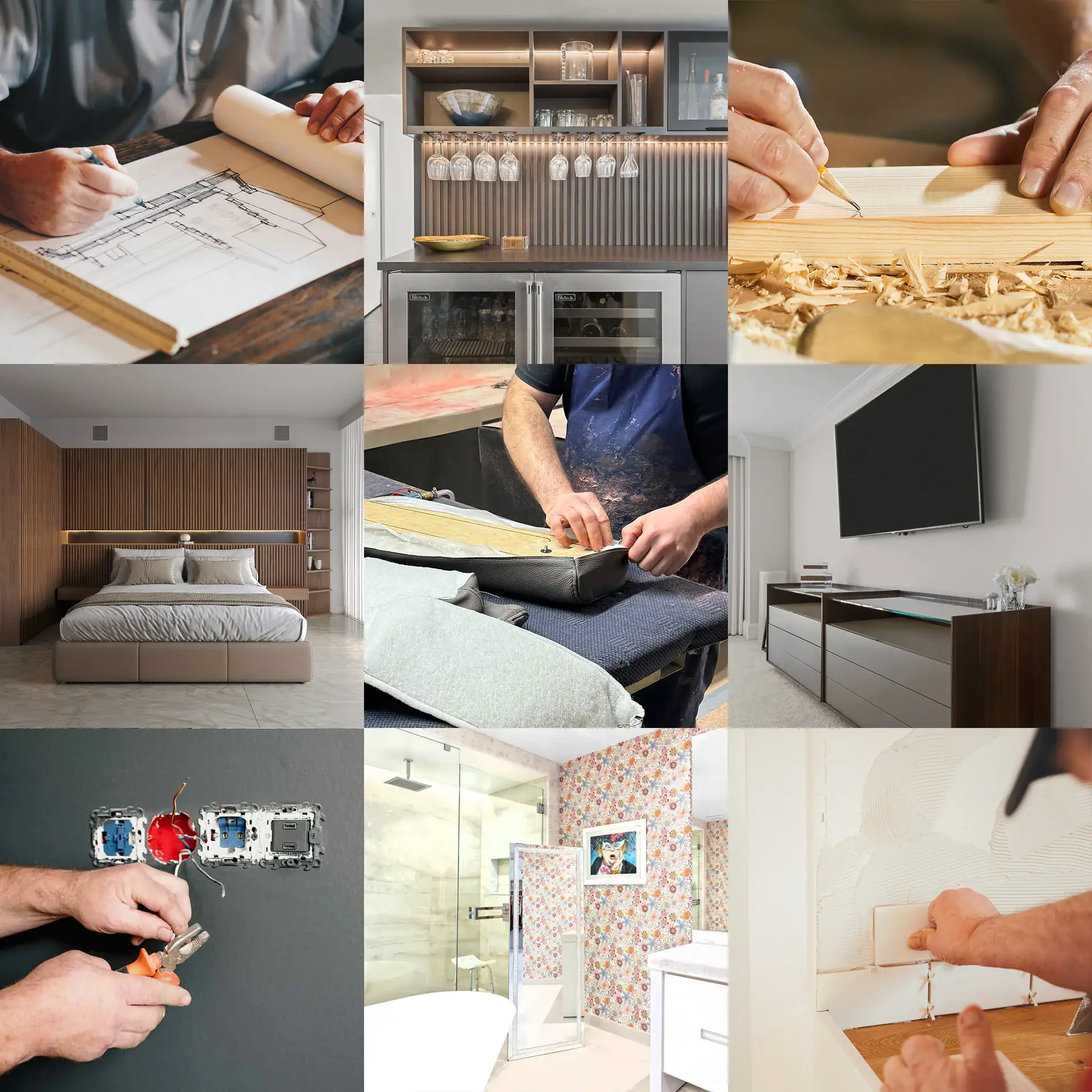 A nine-panel collage showing architectural design, kitchen installation, woodworking, bedroom design, upholstery, TV mounting, electrical work, bathroom design, and tile installation.