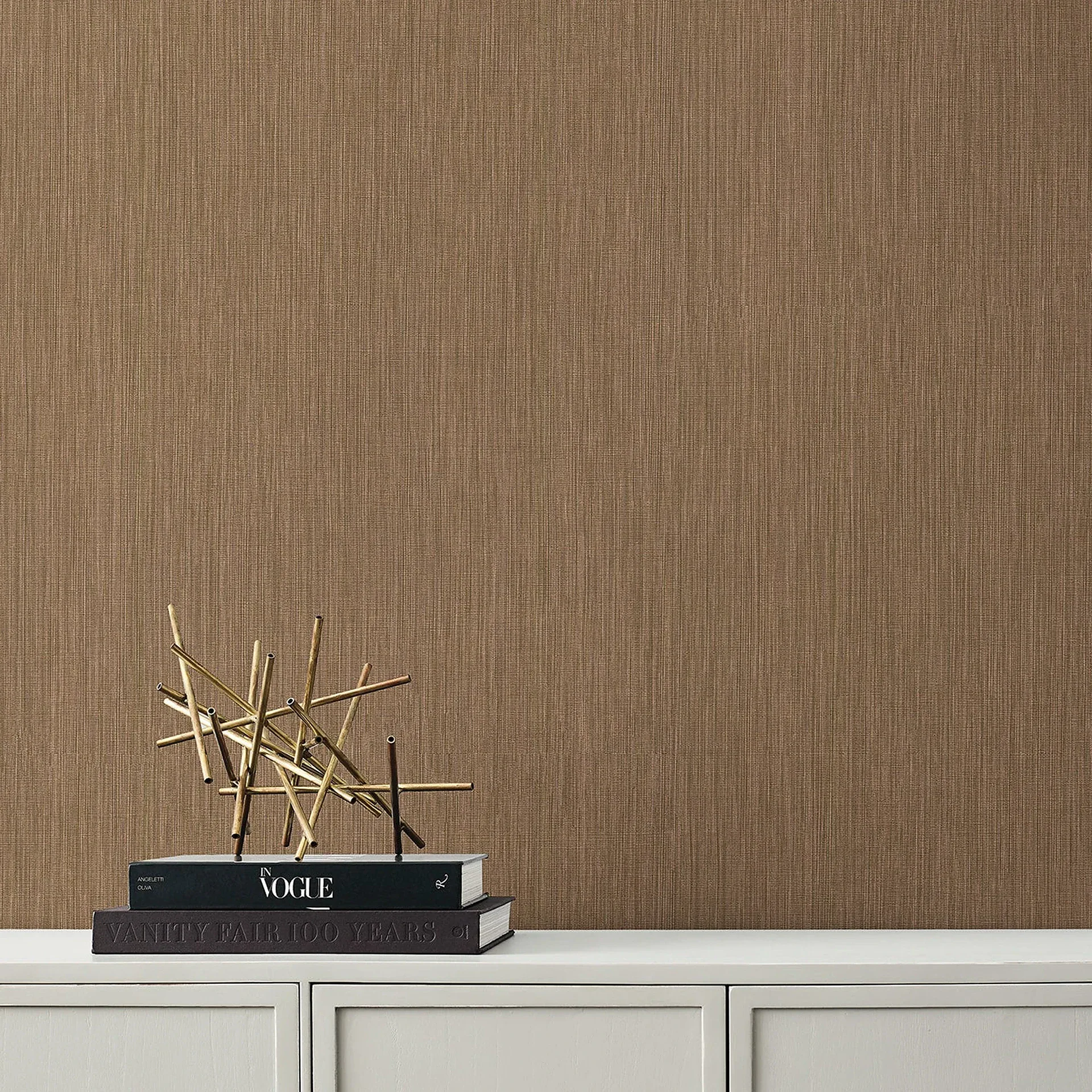 A textured brown wall above a white cabinet. On the cabinet are two books, 'Vogue' and 'Vanity Fair 100 Years', topped with a gold spiky decorative object.